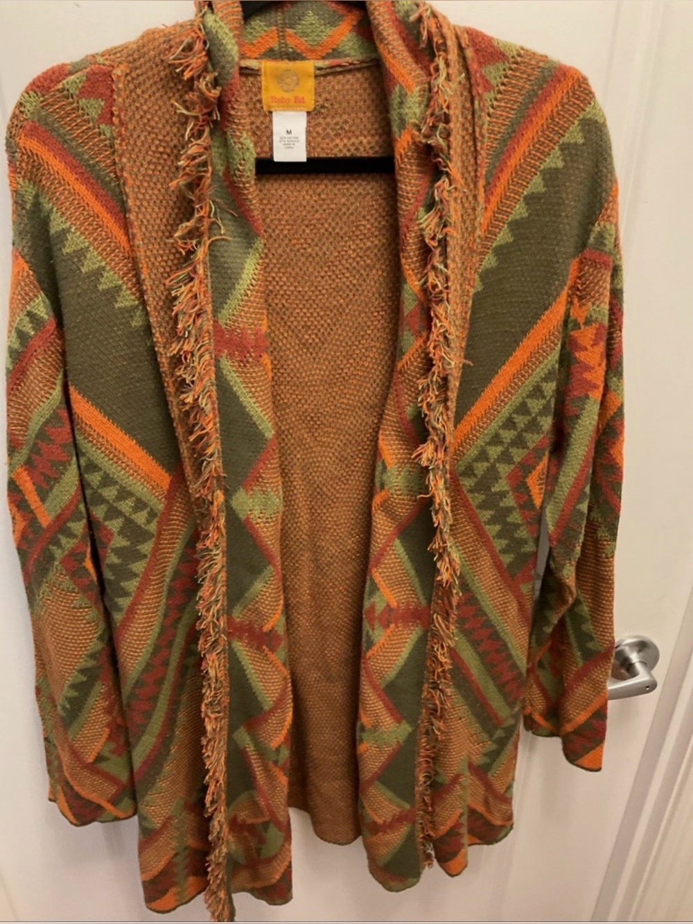 Ruby Rd. Olive, Rust & Orange Aztec Fringe Open Cardigan - Picture 2 of 5